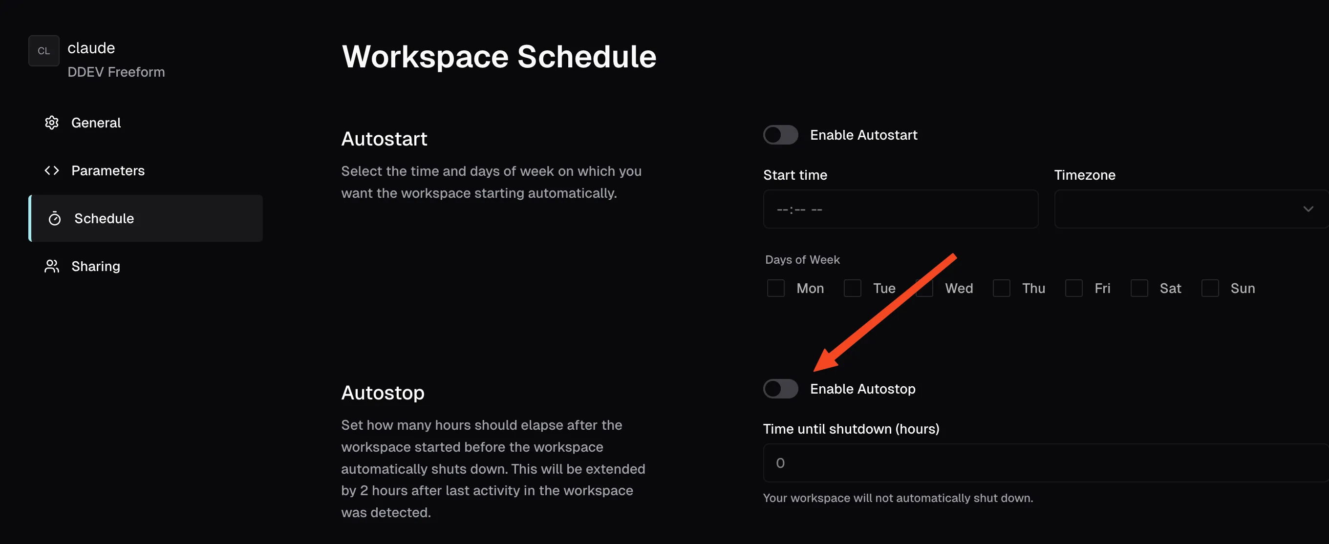 Coder.ddev.com workspace Schedule settings, with Enable Autostart and Enable Autostop both toggled off